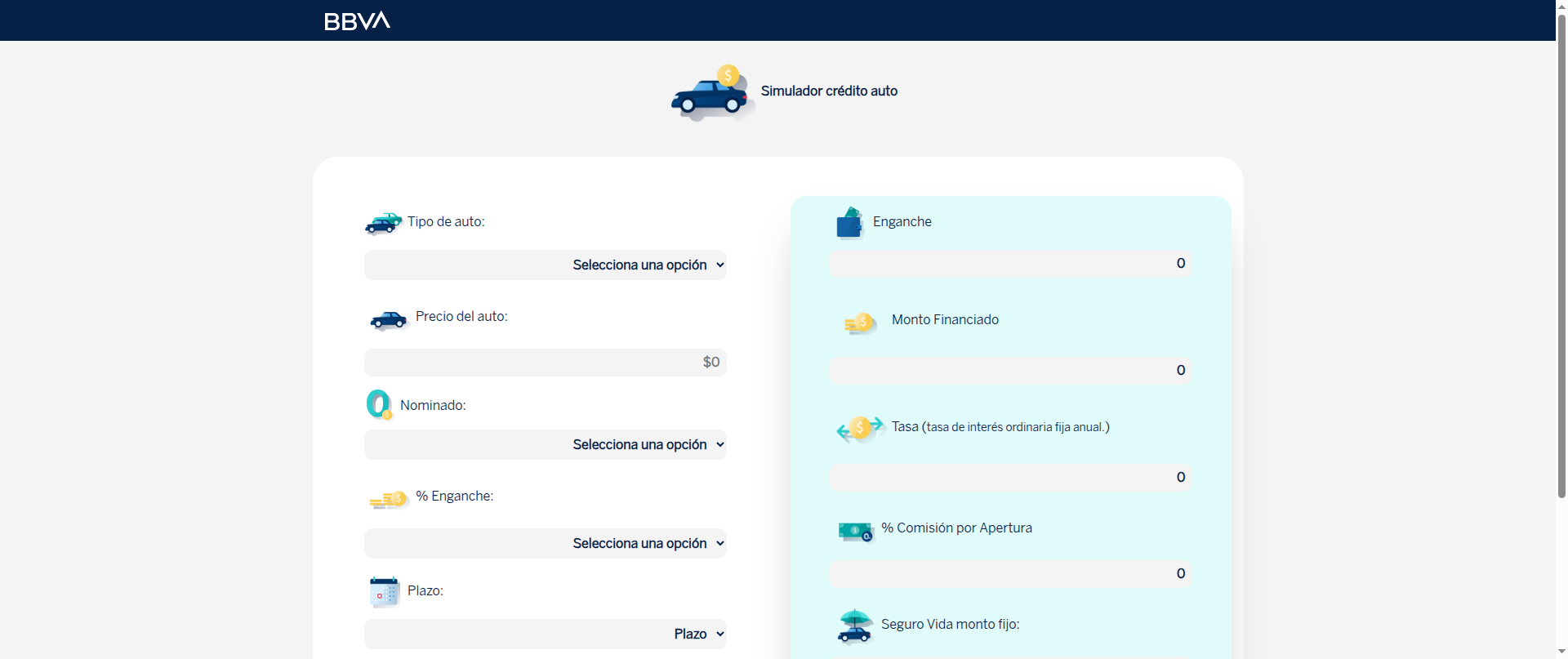 Screenshot of simulador-credito-auto-bbva.ideeo.mx