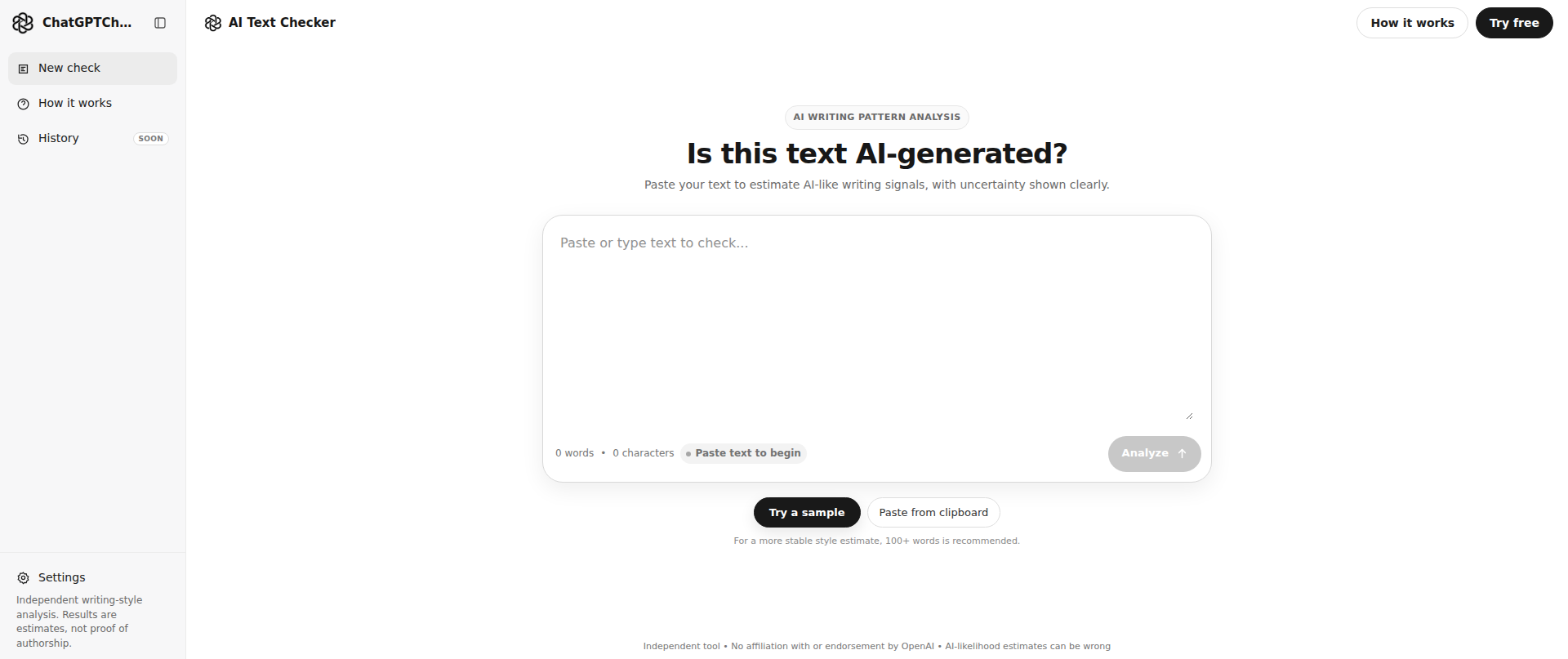 Screenshot of chatgptchecker.com