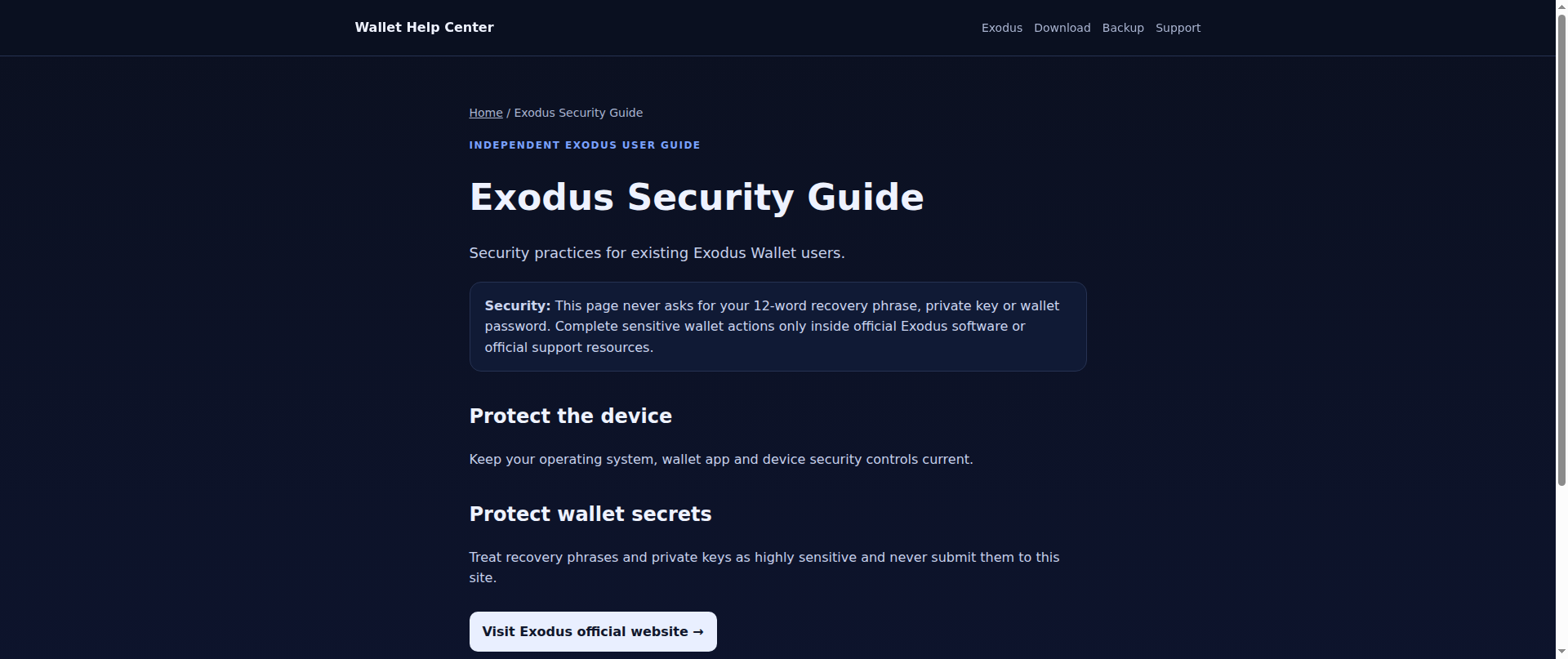 Screenshot of exoduswallethelpcenter.vercel.app