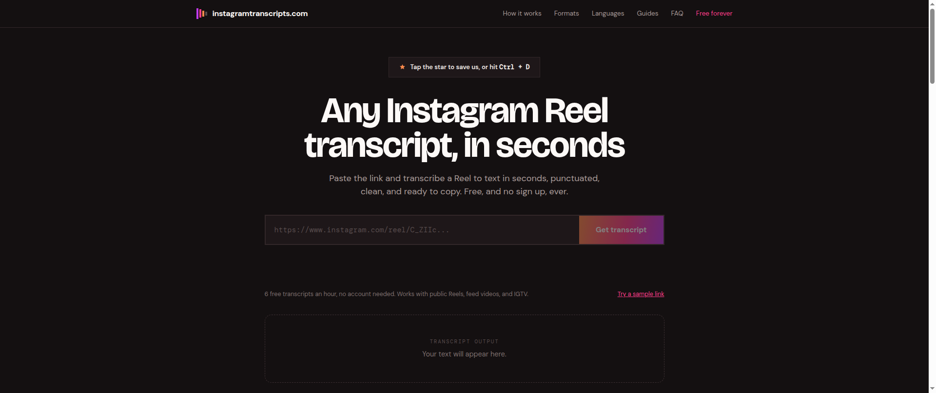 Screenshot of instagramtranscripts.com