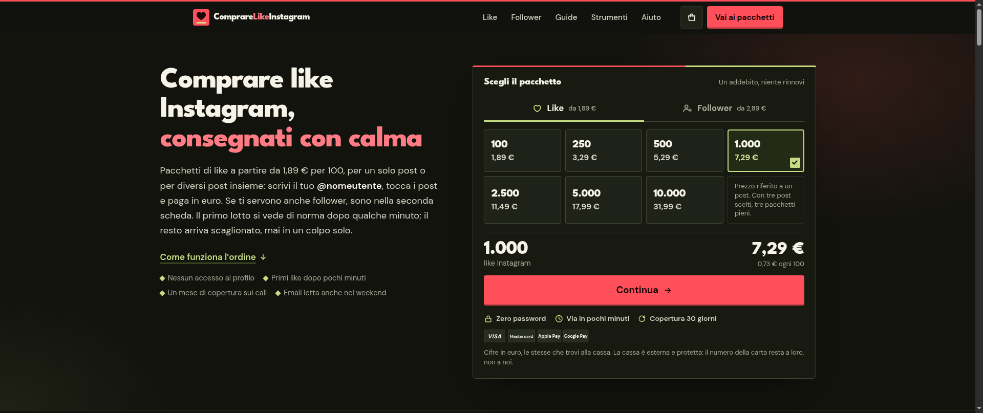 Screenshot of comprare-like-instagram.com