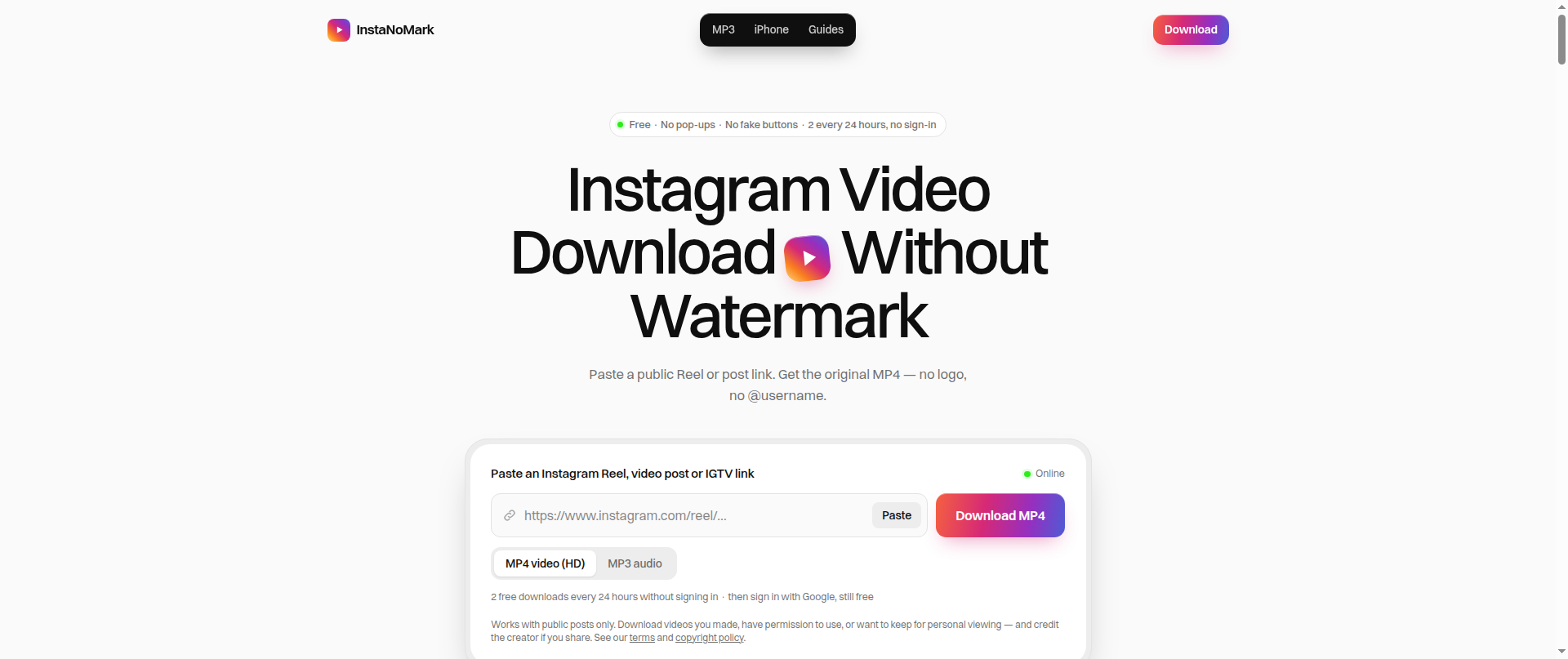 Screenshot of instagramvideodownloadwithoutwatermaker.com