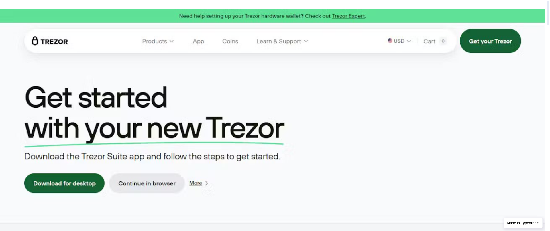 Screenshot of learn-start-io-trezor-us.typedream.app