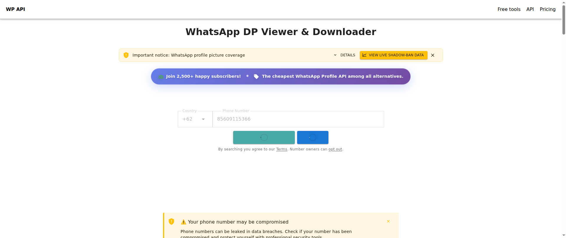 Screenshot of whatsapp.checkleaked.cc